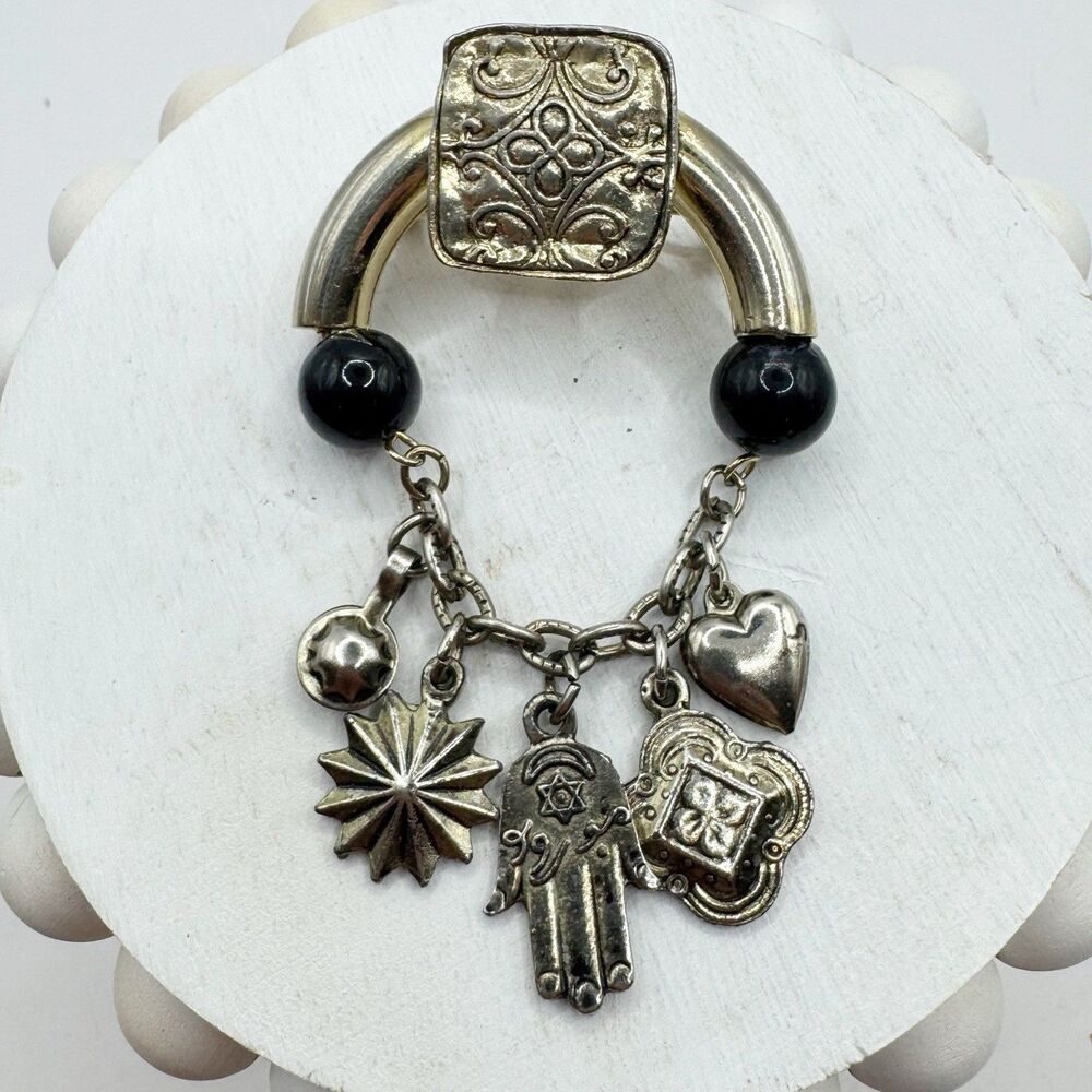 Vintage Jewish Hand of Hamsa Good Luck Charms Brooch Heart Love Star Of David